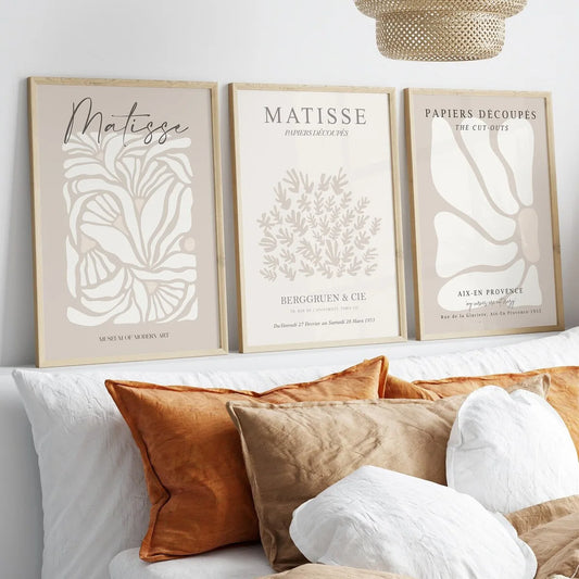 Set of 3 Bohemian Neutral Beige Matisse Canvas Wall Art Print, Gray Beige Sage Matisse Print, Minimalist Matisse Poster, Flower Wall Art, Bedroom Living Room Corridor Art Gift, Wall Art, Wall Decoration, Winter Decoration, Room Decoration, Frameless