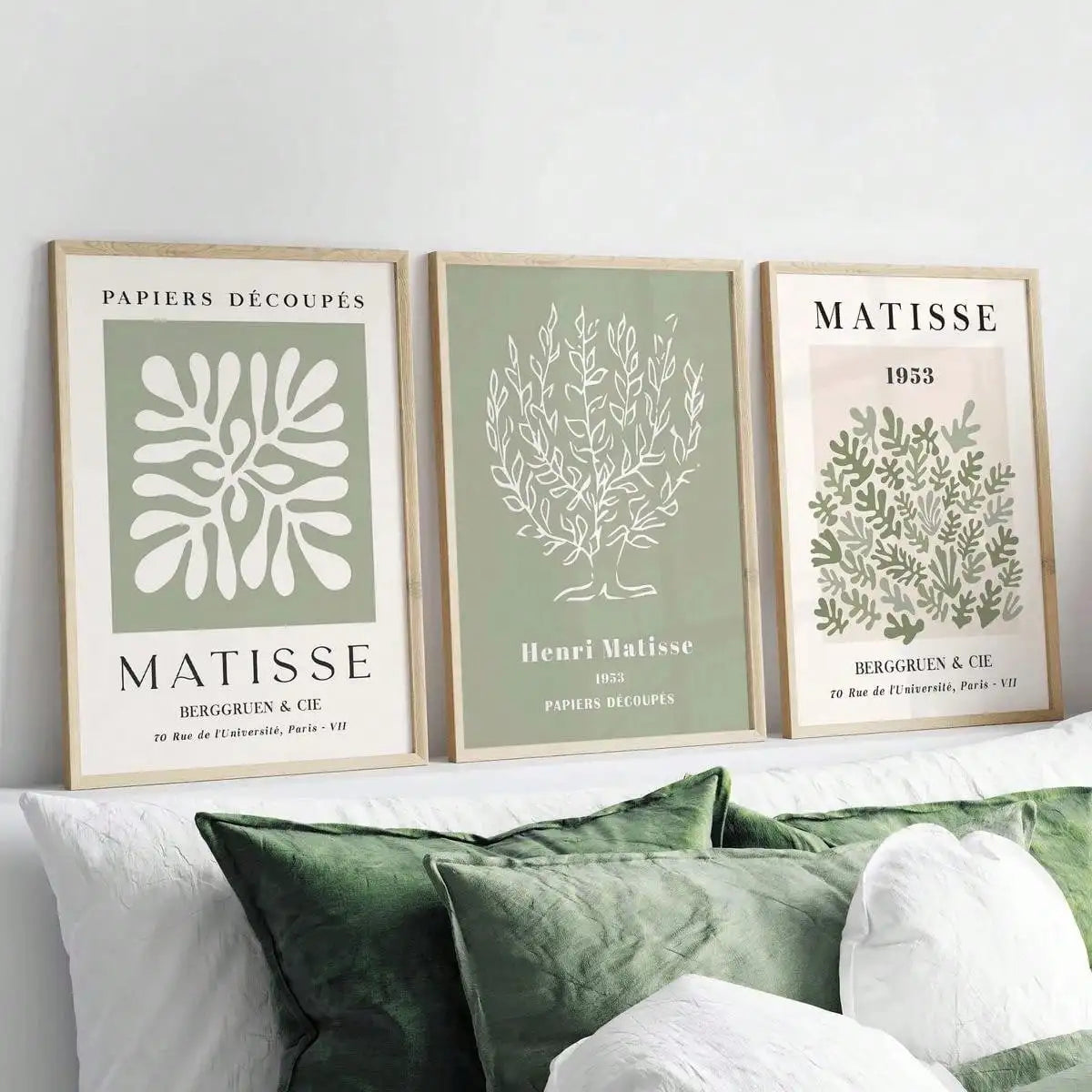 Set of 3 Sage Green Spring Flower Matisse Wall Art Canvas, Green Plant Print Poster, Bohemian Wall Art, Matisse Art Gallery Wall, Henry Matisse Print, Minimalist Modern Home Decoration, Wall Decoration, Living Room Gift, Bedroom Aesthetic Wall Art, Frameless